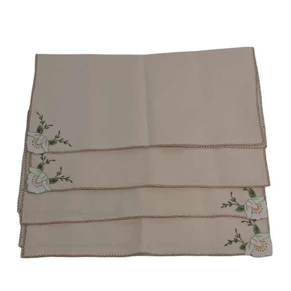 Hand Stitched Corner Floral Embroidery Tan Napkins Set Of 4 - Picture 5 of 5